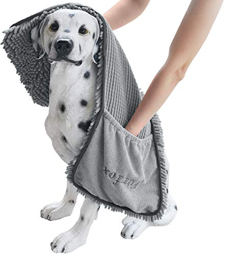 Furfox Absorbent Dog Towel, Microfiber Quick Drying Towel Machine Washable with Hand Pockets - Medium Large Dog 35 x 15'