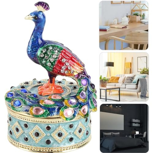 Tissting Pfau Schmuckkästchen, Elegantes Handbemaltes Schmuckkästchen mit Deckel für Ringe und Ohrringe, Zinklegierung, Schmuckorganizer für Frauen, Schminktisch oder Bücherregal