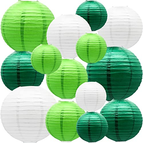 YIOTJUNL 14 Pcs Green Paper Lanterns Deep Light Green White - 10 8 6 Inch Reusable Hanging Ceiling Decor for Woodland Baby Shower, Jungle Theme Party, Rustic Bridal Wedding