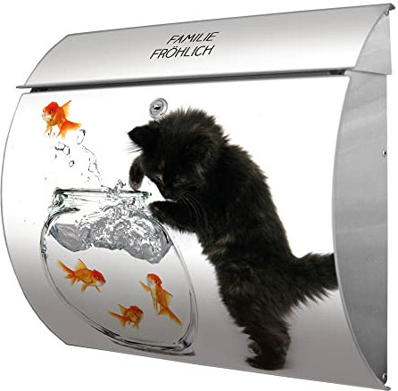 banjado® Burgwächter® Briefkasten Edelstahl mit Motiv Katze Und Fisch/Edelstahl Briefkasten mit Namen personalisierbar/Briefkasten ohne Zeitungsfach mit Kippdach & Öffnungsstopp, 2 Schlüssel