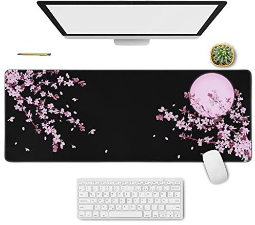 Tapis de souris japonais Sakura fleur de cerisier noir XL, grand motif Kawaii rose noir, lune floral, long grand tapis de bureau, accessoires décoratifs