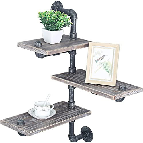 DUNAKE Schweberegal Metall, Industrielles Rohr Regal Wandregal Mit 3-stöckigen, Rustikale Eckregal Wand, Hängende Regale Küche Für Bauernhaus, Bar, Badezimmer (Color : Vintage)