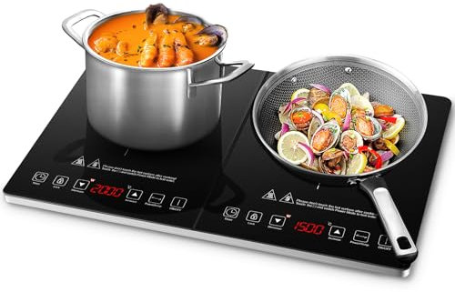 AMZCHEF Placa Inducción 2 Fuegos, Placa de Inducción Doble con Control Independiente, Bisel de Plata de Moda, 20 Niveles de Temperatura, Múltiples Niveles de Potencia, Temporizador de 3 Horas, 3500W