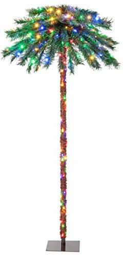 GOPLUS Palmera de Navidad de 183 cm, Palmera Preiluminada de Estilo Tropical con 210 luces LED 4 colores, 64 puntas de rama y base metálica, árbol de decoración artificial de fiesta