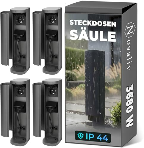 Novatool 4x Steckdosenturm 2-fach außen Anthrazit rund mit Blende IP44 Steckdose Aussen Gartensteckdose Outdoor Steckdosesäule Garten Steckdosenturm