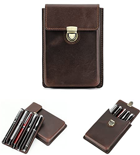 Hiram Federmäppchen aus Lederaus Leder für 5 Füllfederhalter Tragbar Echtes Leder Aufbewahrungsetui für Füllfederhalter mit Gesichertem Messingverschluss und Stiftablage-Design (Kaffee)
