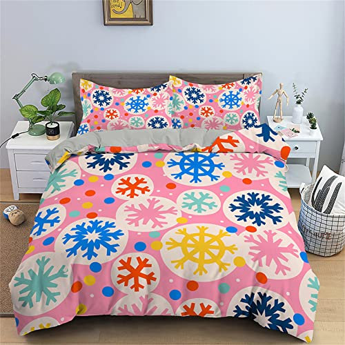 Bettwäsche 220x240 3 teilig Winter Bettbezug 220 x 240 Set mit Kissenbezüge, Winterbettwäsche 240x220 aus Mikrofaser Weich Bettwäsche Set mit Reißverschluss Rosa Schneeflocke