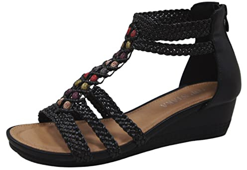Women's Summer Braided Strappy Beaded Flowery Espadrille Wedge Sandals