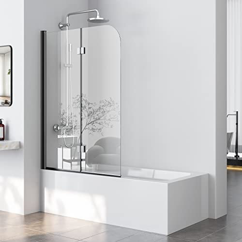 Duschwand für Badewanne 100x140 cm, Badewannenaufsatz Duschwand Schwarz 2-teilig Faltbar 5mm NANO ESG-Sicherheitsglas Duschabtrennung Badewanne