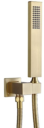 ENGA Square Brushed Gold Solid Brass Hand Held Shower Head With Wall Connector and Hose Wall Mount Handheld Showerheads Set