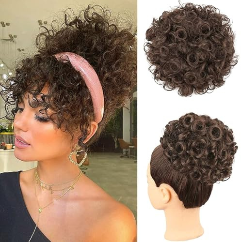 PORSMEER Haarteil Dutt Haar Bun mit Elastischer Kordelzug Kurz Locken Welle Pferdeschwanz Haarteil Kunsthaar wie Echthaar Updo Haarverlängerung zopf für Frauen Tägliche,Dunkelbraun