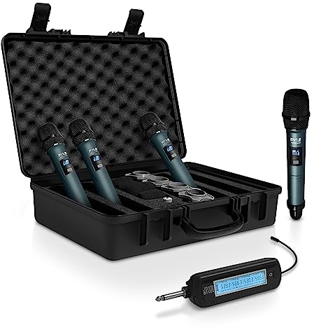 Pyle Portable UHF Band Receiver System, 4 Channel Wireless Microphone System Independent Channel Controls, RF Signal LCD Indicator, Digital Audio Microphone Set with 4 Handheld Microphones