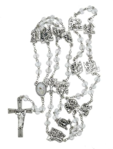 lazzaro italy Rosario VIA CRUCIS preghiera donna. Collana con grani cristallo. Croce e Stazioni placcate argento. Corona della Quaresima. Artigianato italiano