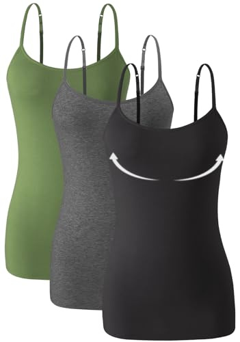 Knuffnee 3 Pack Womens Camisole with Built in Bra Adjustable Strap Tank Tops for Women Cotton Undershirt Cami Army Green/Dark Grey/Black M