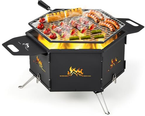 GOPLUS 2 En 1 Barbecue Extérieur XL avec Grill, Portable au Charbon Bois avec 2 Poignées, Pieds Pliables, pour Camping,pour 4-5 Personnes,77 x 74 x 38CM