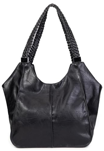 OBC Damen XXL Tasche Schultertasche Shopper Businesstasche Umhängetasche Workbag Henkeltasche Reisetasche FLECHTOPTIK Henkel Leder Optik Schwarz