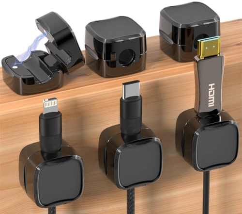 Organizador cables magnetico negro. Sujeta cables adhesive. Ordena cables escritorio, Mesitas de noche (CMBlack-6Pcs)