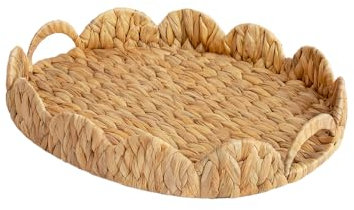 StorageWorks Elliptical Wicker Scalloped Tray, Rattan Serving Trays with Handles, Water Hyacinth Basket for Decorative & Organizing, 16.5 L x 13 W x 2.8 H
