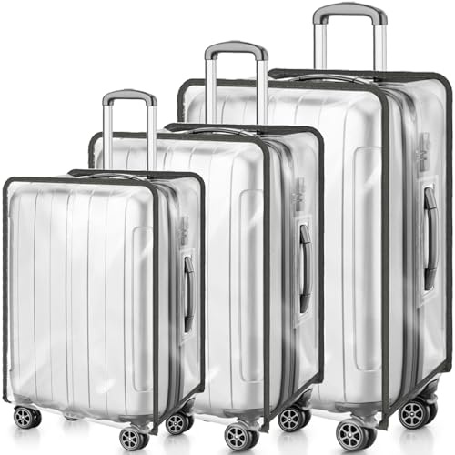 WRINGKIT 3 Pieces Clear Luggage Cover, PVC Suitcase Cover, Waterproof Dustproof Suitcase Covers Protector with Black Border for 20 24 28 Wheeled Luggage