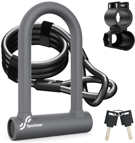 Sportneer Fahrradschloss - 17 mm Bügelschloss Schweres Fahrrad Bügelschloss mit 1,5m Kabel fürs Rennrad, Mountainbike, E-Bike, Klapprad mit Halterung, 19CM x 13CM