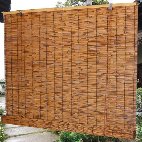 kefu01 Wasserdichter Sonnenschutz Schilf Vorhang,Strohjalousien mit Lichtfilterung,Bambus Raffrollo mit Lifter,Sichtschutz Bambusrollo,Verdunkelung Reed Roll Up Rolläden (W70xH220cm/W28 xH87)