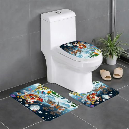 EYLOZS Badezimmerteppich Set 3 Teilig Waschbar rutschfeste Badematte Toilettenmatte Weich Saugfähige Badteppiche,Das Weihnachten - Weihnachtsmann - Illustration