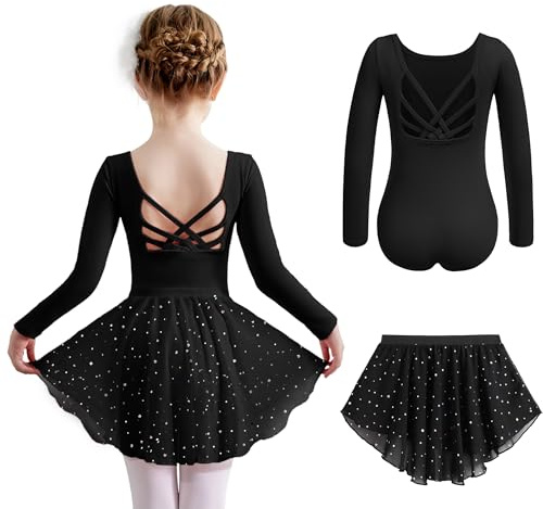 Arshiner Vestido de Ballet Infantil de Algodón Negro Dos Piezas Manga Larga Sin Respaldo Leotardo de Ballet Vestido de Bailarina Body de Baile para Niños con Tutú 5-6 Años