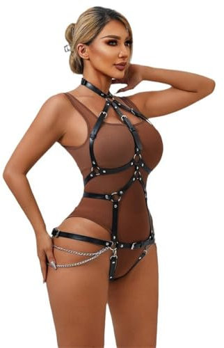 YIYELIY Catena per il Corpo Punk Harness Belt in Pelle, Cintura Catene Toracica Nero per Donne