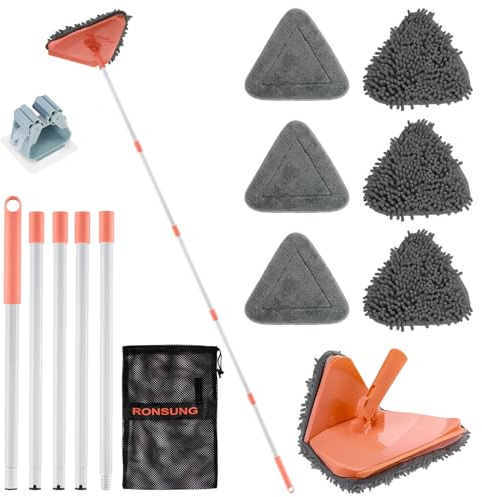 RONSUNG Wall Cleaner Triangle Mop with 82'' Long Handle - Wall Scrubber, Cleaning Washer Tool with 6 Pads for Clean Walls, Ceiling, Windows, Floors, Baseboards (Orange, 6 Pads)