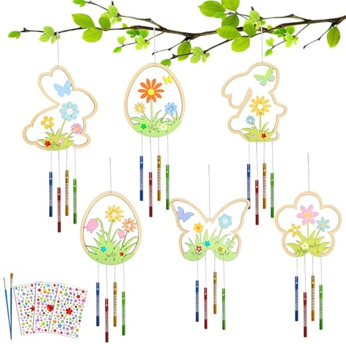 Osterdeko Frühling Windspiel Bastelset Kinder, 12 Stück Holz bastelset Ostern Kinder, Osterhase Ostereier Blumen Schmetterlinge - Bastelhandwerk zum Bemalen für Osterndeko Frühling Mädchen Junge