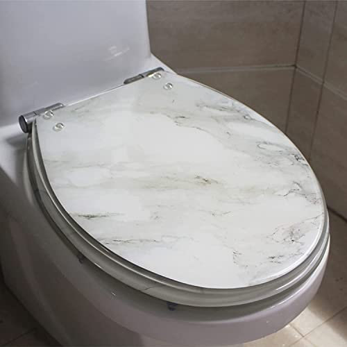 WC-Sitzbezug aus Kunstharz, sanft schließend, mit verstellbarem Scharnier, rutschfest und antibakteriell, weißes Marmor-Design, 3D-Effekte, robuste Schüssel für Familie