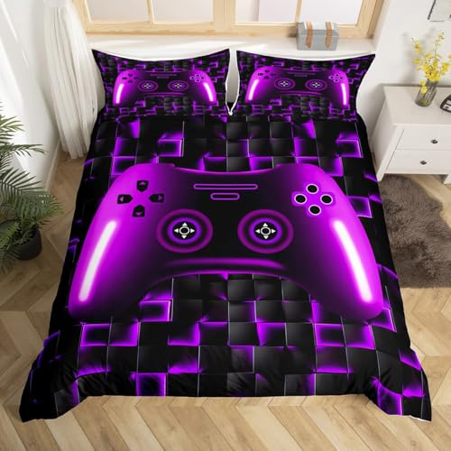 Gaming 135x200 Bettwäsche Sets für Kinder Jungen Teen Girls Game Controller Bettbezug Gamer Trösterbezug für Alle Saison, Lila Schwarz Geometrische Check Bettbezug für Jungen, Weiches Leichtgewicht
