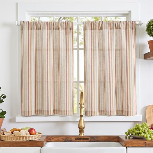 TOPICK Colourful Stripe Small Kitchen Curtains 36 Inch Drop, Rod Pocket Short Cafe Curtains, Light Filtering Privacy Curtain Tiers for Bathroom, Cupboard Base, Sink, Muti Red, W26 x L36 Inch, 2 Panels
