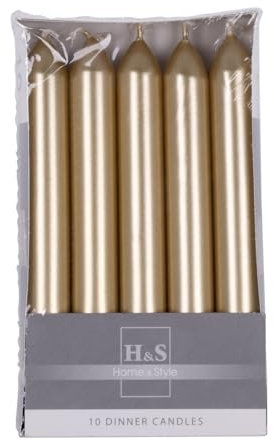 DONAU HOME Set Glatte Lackiert Stabkerzen/Golden / 10 Stück im Karton / 17 x Ø 2 cm Unparfümiert/Zylindrische/Tafelkerzen zur Dekoration im Wohnzimmer, Bad / 6 Stunden Brenndauer