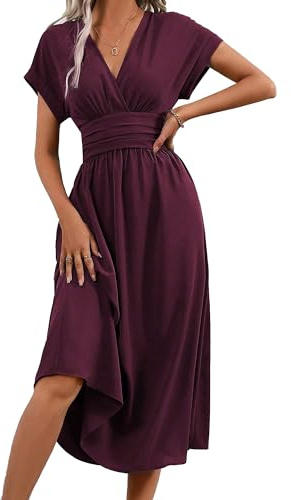 QUNERY Vestido Verano Mujer Vestido Largo Elegante Vestidos Cuello en V Manga Corta Casual Verano Vestido Elástico Vino Tinto XXL