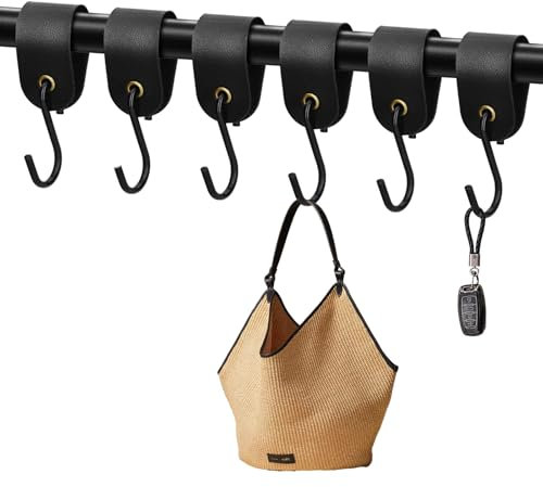 MWRWRR 6 Stück S Haken mit Lederschlaufe, Metallhaken für Kleiderstange Garderobe, Schwarz Kleiderhaken, Haken zum Einhängen Kleiderstange, Fleischerhaken Leder
