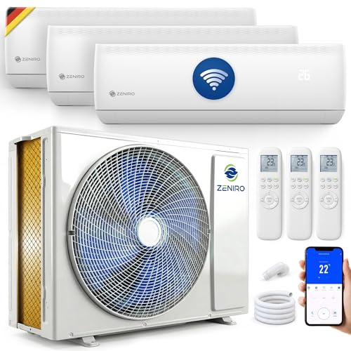 ZENIRO Multi Split Klimaanlage 3 Innengeräte Set (3 x 2,6kW) Klimagerät Air Conditioner mit Heizfunktion 21000 BTU 6,2kW A++ WiFi/App-Steuerung 4D AirFlow Heizen bis -20°C Vorgefüllt R32