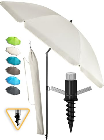 Menz Sonnenschirm Strand in Beige - Komplettes 3er-Set inkl. robustem Sonnenschirm + solider Bodenhülse + langlebiger Schutzhülle, Strandschirm windfest stabil, Strandschirm mit UV50+ Schutz