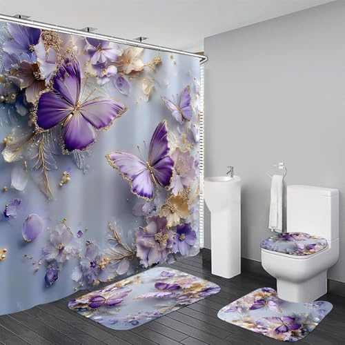 Chrainy 4 Pcs Purple Floral Butterfly Shower Curtain Set with Non-Slip Rugs, Modern Toilet Lid Cover and Bath Mat, Elegant Bathroom Decor Set with Hooks