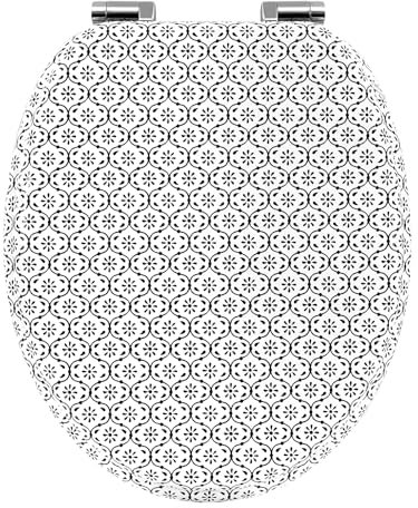 WOLTU Toilet Seat with Soft-Close Mechanism, Wood, Toilet Seat, O-Shape with Hinges, Quick Release Function for Easy Cleaning, Tile Pattern Motif