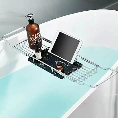 Stainless Steel Bathtub Caddy Tray, Expandable Bath Organizer with Black Marble Tub Shelf for Baths Metal e Bathtub Stand,A (F)