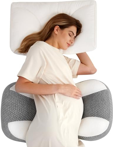 Momcozy Plus W Shaped Pregnancy Pillow for Sleeping - Adjustable Maternity Pillow for Side Sleepers - Portable Wedge Belly Support -Compact Design for Back Belly and HIPS, Grey White