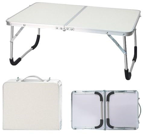 Pliable Plateau de Lit, 61 x 40 x 26 cm Aluminium Structure Table de Camping, Portable Petit Plateau pour Ordinateur avec Poignée, pour Le lit, Le Canapé, Le Sol, Le Jardin, Blanc