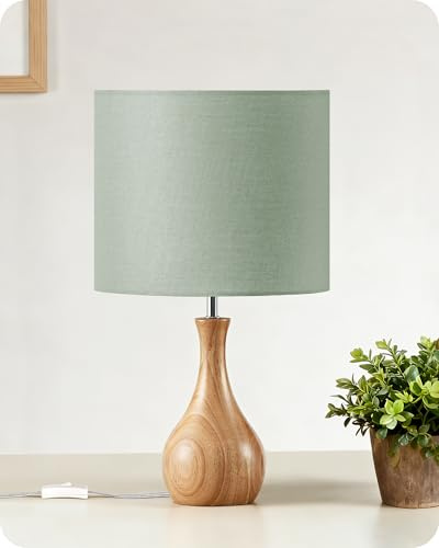 GOEBLESON Nachttischlampe aus Holz, Grüne Tischlampe | Tischleuchte mit Kabel, Fensterbank Lampe aus Leinen, E27 2700K LED-Birne, für Schlafzimmer, Nachttisch, Geschenk, Hotel