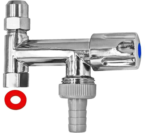 MegaHaustechnik Doppel-Eckventil Eckfix Zusatz-Geräteventil Comfortgriff, Rückflußverhinderer, 3/8“ Mutter mit Dichtung für vorhandenes Eckventil + 3/8“ Anschluß, Tülle AußenØ 14mm für 1/2 Schlauch