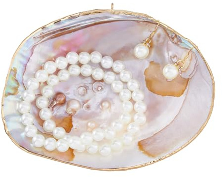 SUPERFINDINGS Natürliche Muschel Schmuck Schale Ablage Muschelring Halter 12.8x16cm 5.04x6.3in Dekorative Schmuckstück Schalen Ständer Mit Gold Platiertem Rand Für Halskette Organisierer Halter