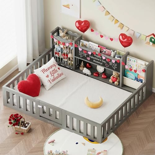 smilesun Montessori Wood Toddler Floor Bed with Door, Safety Guard Rails, Blackboard, Bedside Bookshelf & Plush Toy Storage, Low Kids Bed Frame for Boys and Girls（Gray Full）