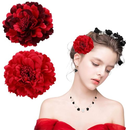 TEOZBLU 2 Pcs Haarblumen Rose Brosche Kopfschmuck Blumen Haarschmuck Blume Haarspange Haar Barrette Flamenco-Haarnadel Ansteckblume Damen Zubehör Für Frauen Mädchen Party Hochzeit (Rot)