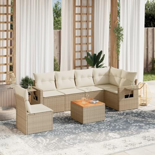 mtlskopl 7-teilige Garten-Sofagarnitur Beige 62x62x69 cm Poly Rattan wetterfest mit Akazienholztisch abnehmbare Kissen modernes Lounge-Set für Terrasse Balkon Wintergarten