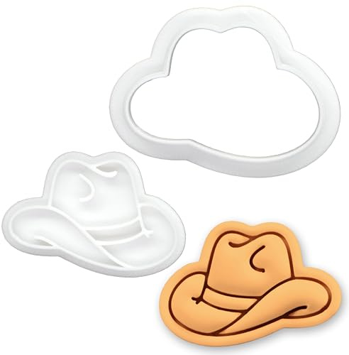 BAKERLOGY Cowboy Hat Mini Cookie Cutter and Stamp Set – Western Fondant Embosser, Rodeo Cupcake Topper Mold for Country Party, Wild West Birthday & Farm Themed Baking